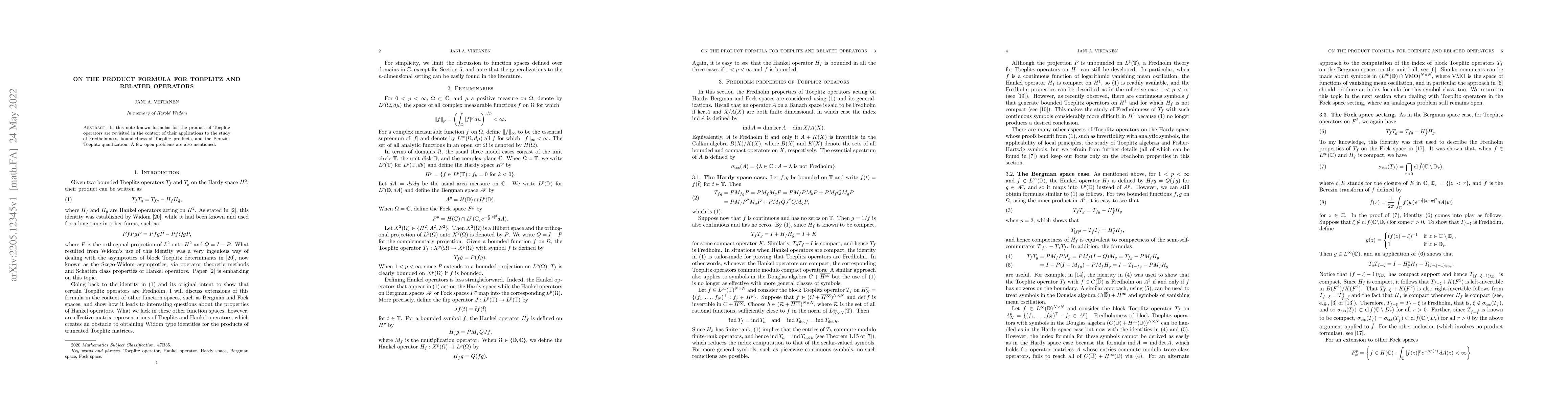 Thumbnail for On the product formula for Toeplitz and related operators