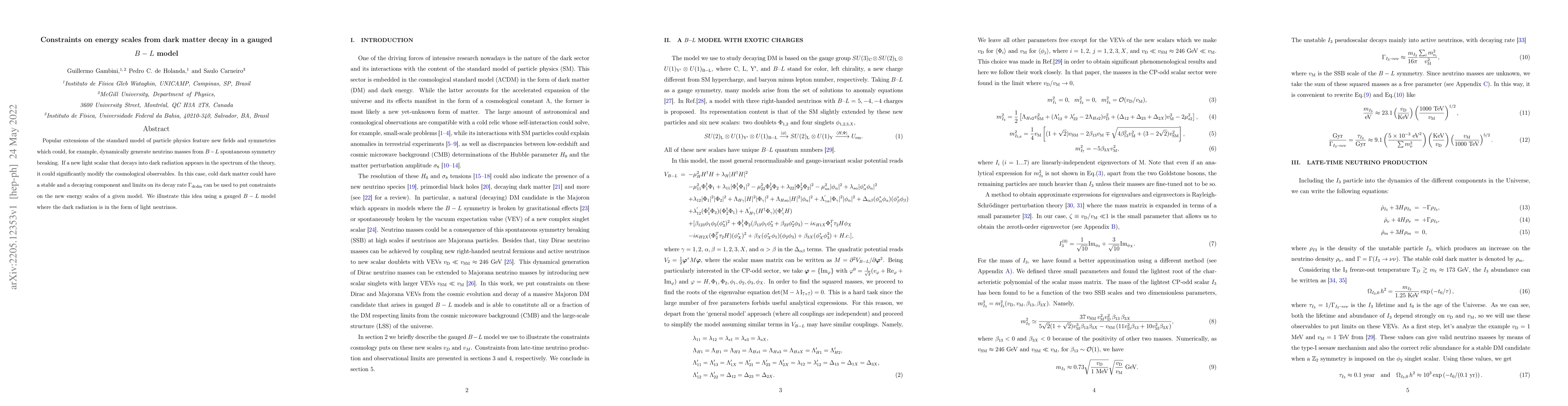Thumbnail for Constraints on energy scales from dark matter decay in a gauged $B-L$
  model