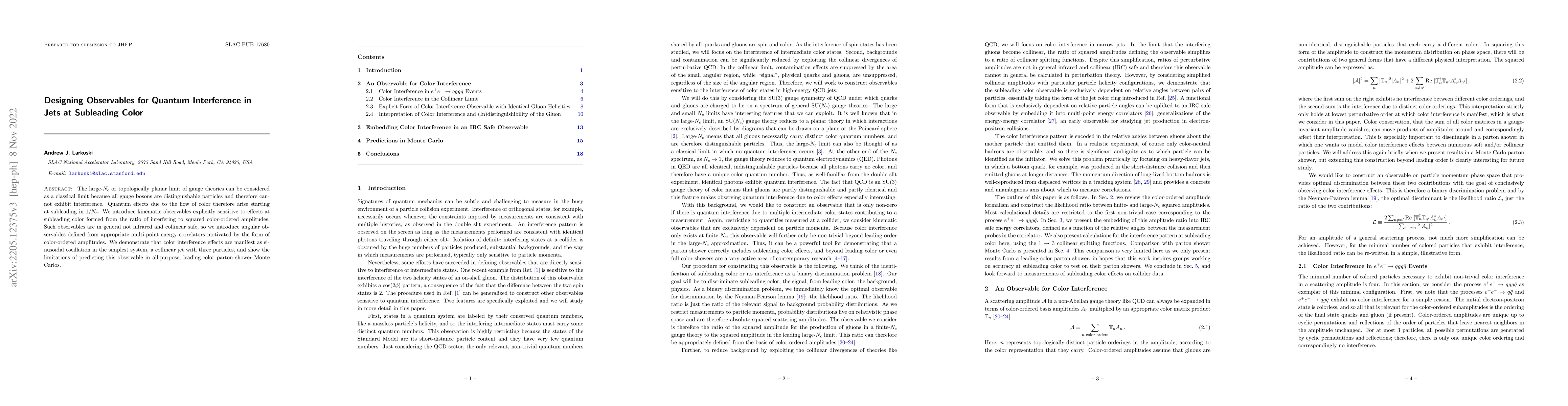 Thumbnail for Designing Observables for Quantum Interference in Jets at Subleading
  Color