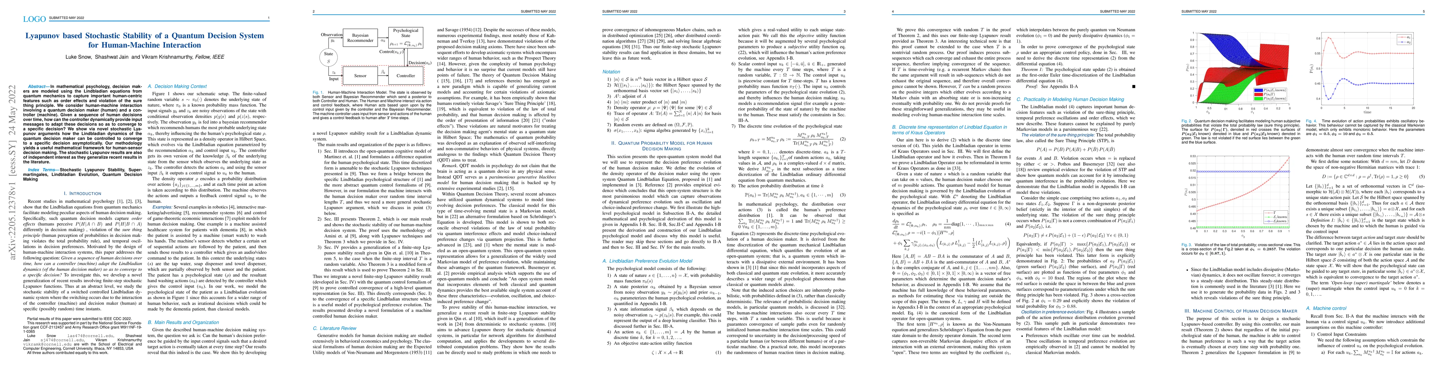 Thumbnail for Lyapunov based Stochastic Stability of a Quantum Decision System for
  Human-Machine Interaction