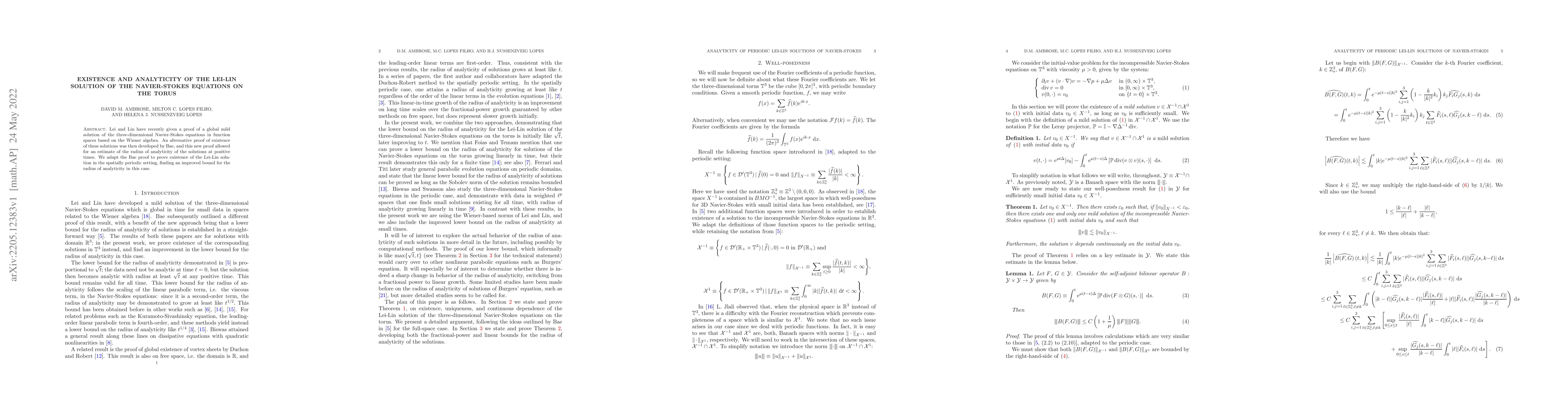 Thumbnail for Existence and analyticity of the Lei-Lin solution of the Navier-Stokes
  equations on the torus