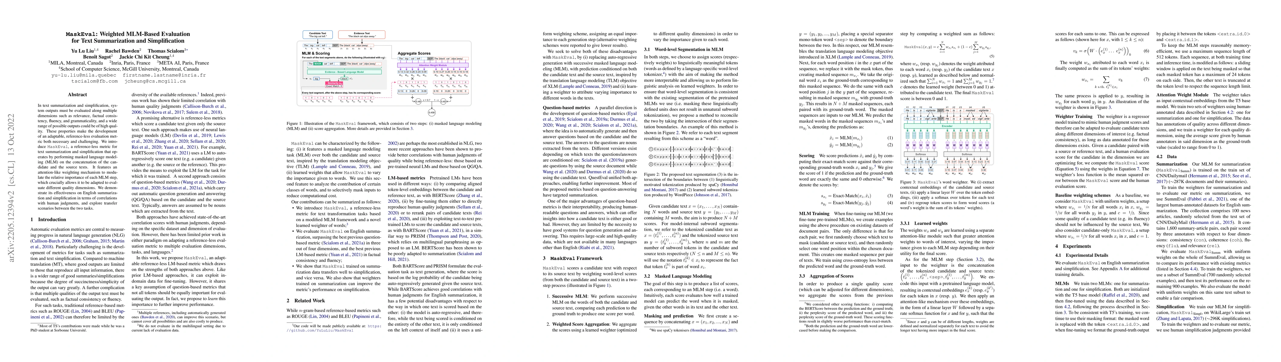 Thumbnail for MaskEval: Weighted MLM-Based Evaluation for Text Summarization and
  Simplification