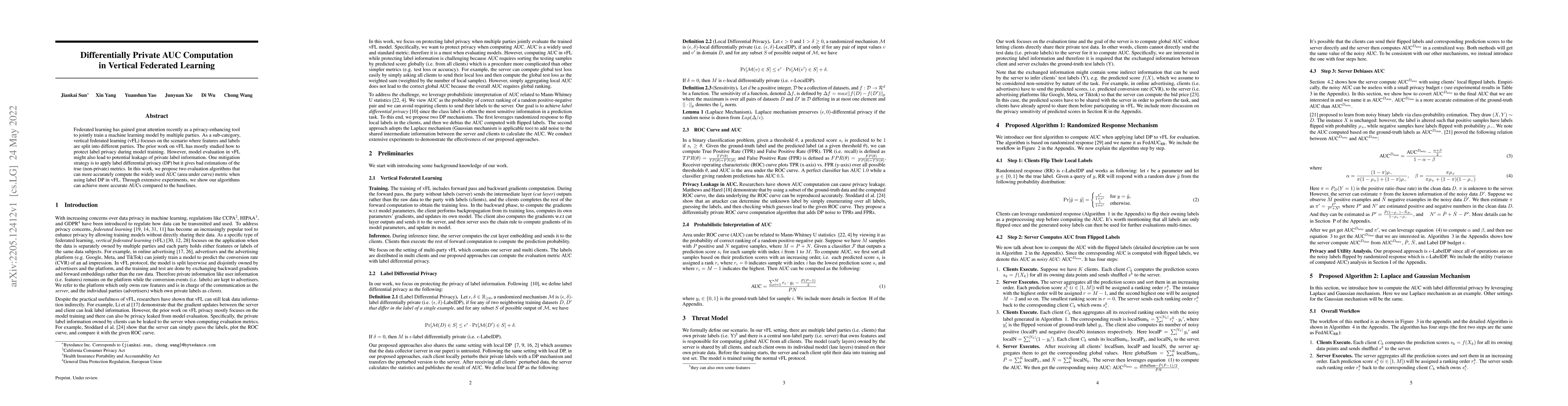 Thumbnail for Differentially Private AUC Computation in Vertical Federated Learning