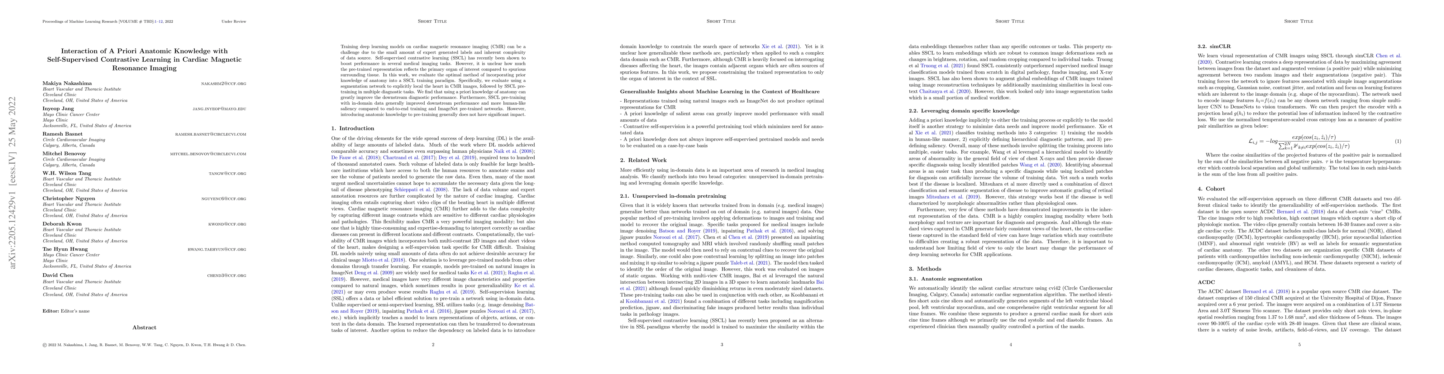Thumbnail for Interaction of a priori Anatomic Knowledge with Self-Supervised
  Contrastive Learning in Cardiac Magnetic Resonance Imaging