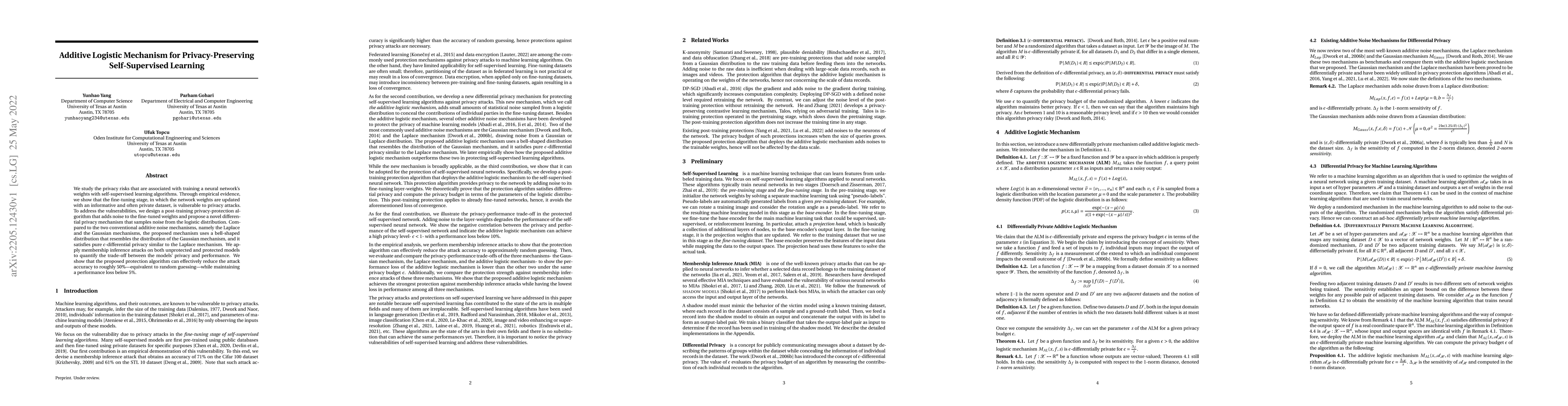 Thumbnail for Additive Logistic Mechanism for Privacy-Preserving Self-Supervised
  Learning