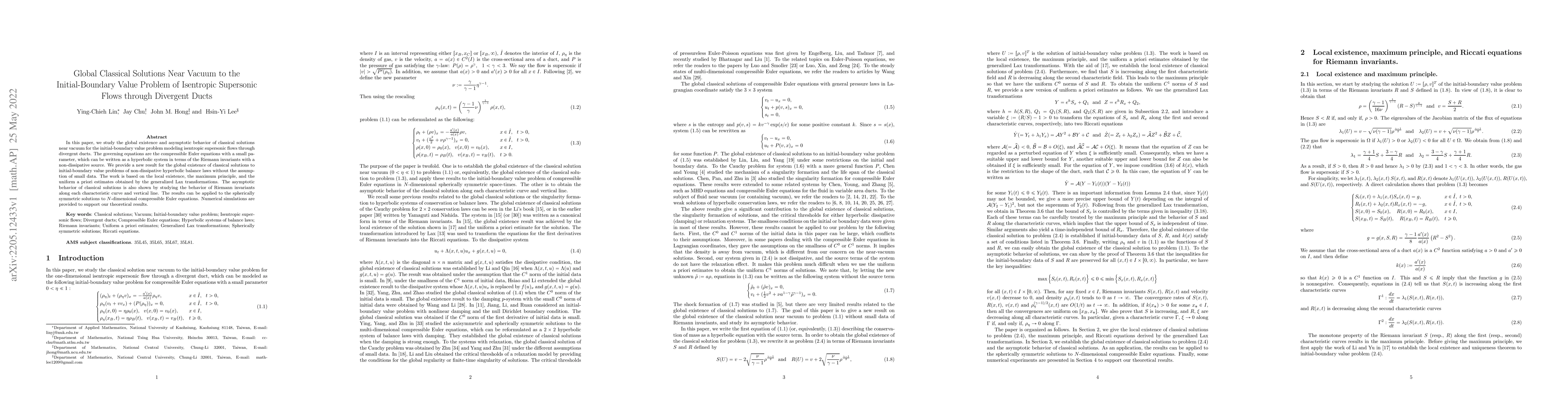 Thumbnail for Global Classical Solutions Near Vacuum to the Initial-Boundary Value
  Problem of Isentropic Supersonic Flows through Divergent Ducts