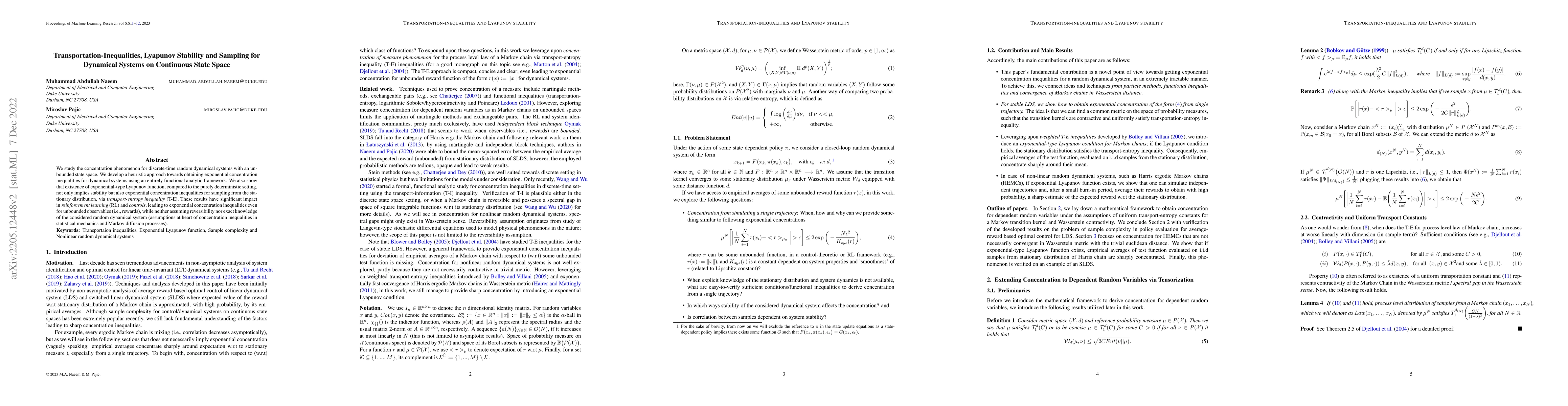 Thumbnail for Transportation-Inequalities, Lyapunov Stability and Sampling for
  Dynamical Systems on Continuous State Space