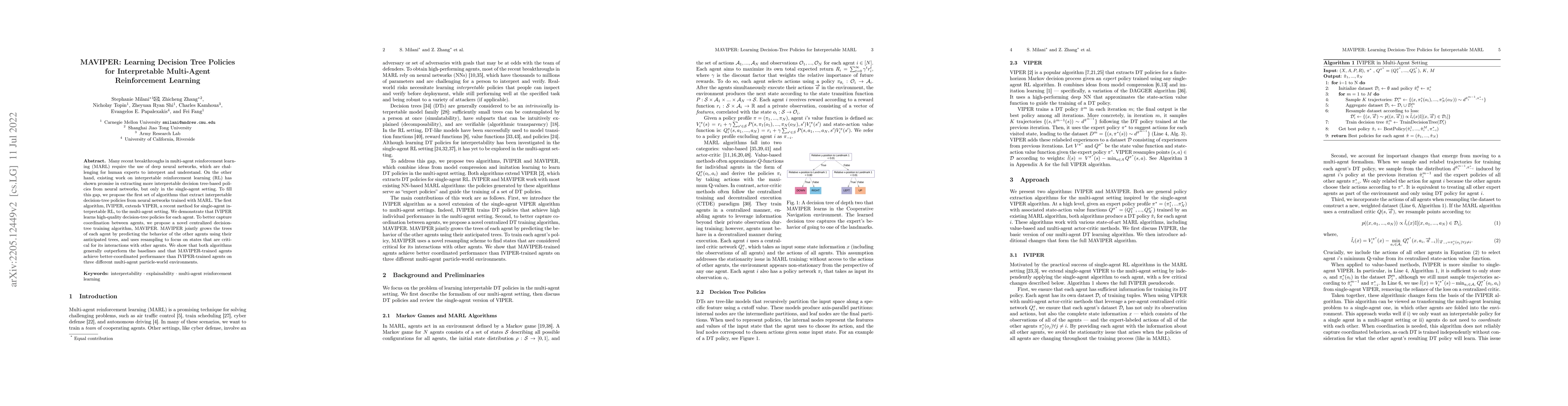 Thumbnail for MAVIPER: Learning Decision Tree Policies for Interpretable Multi-Agent
  Reinforcement Learning
