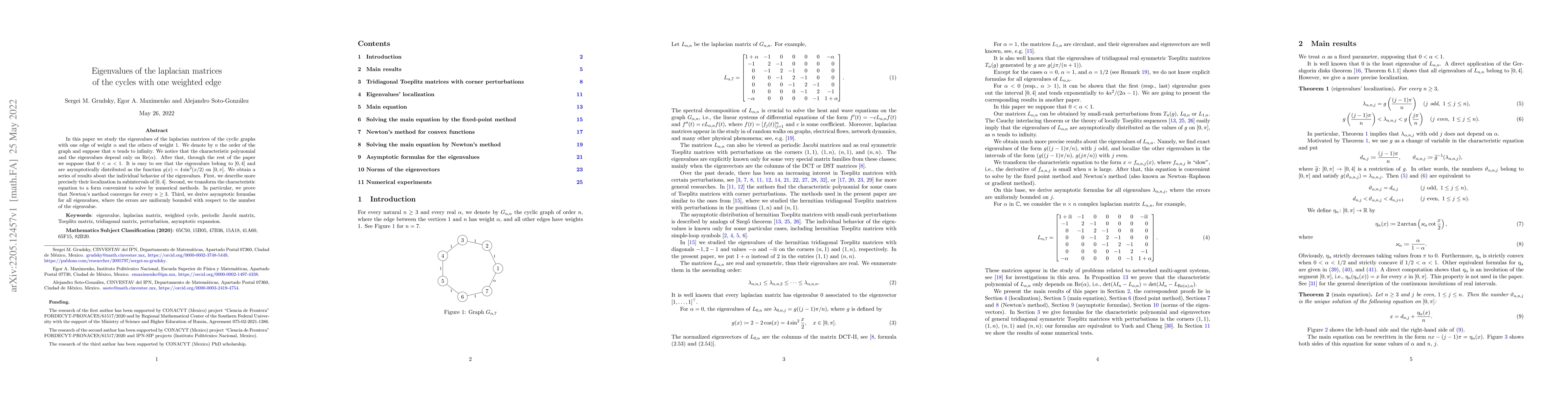 Thumbnail for Eigenvalues of the laplacian matrices of the cycles with one weighted
  edge
