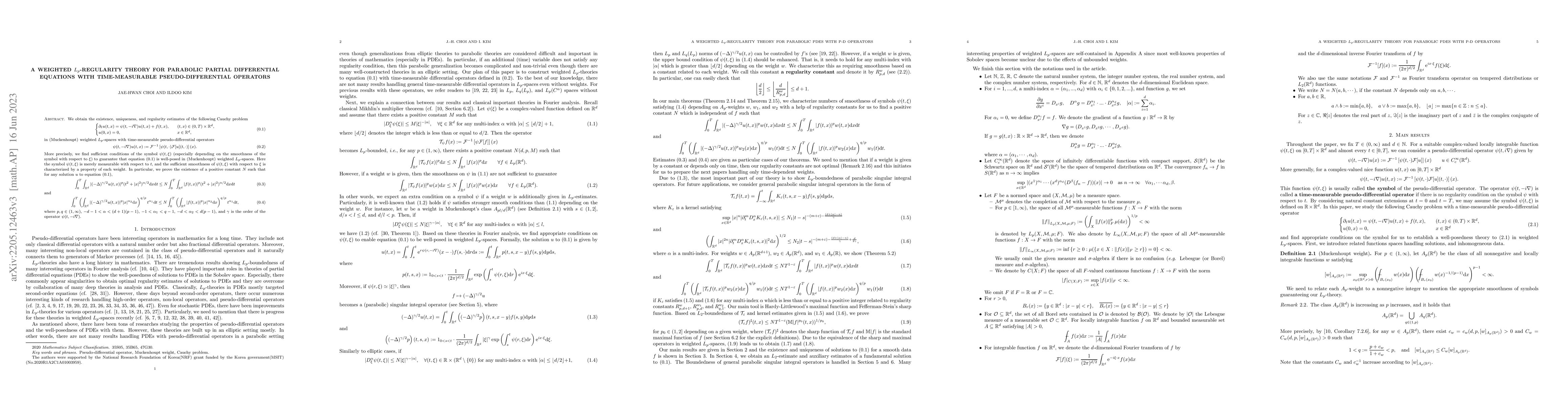 Thumbnail for A weighted $L_p$-regularity theory for parabolic partial differential
  equations with time measurable pseudo-differential operators