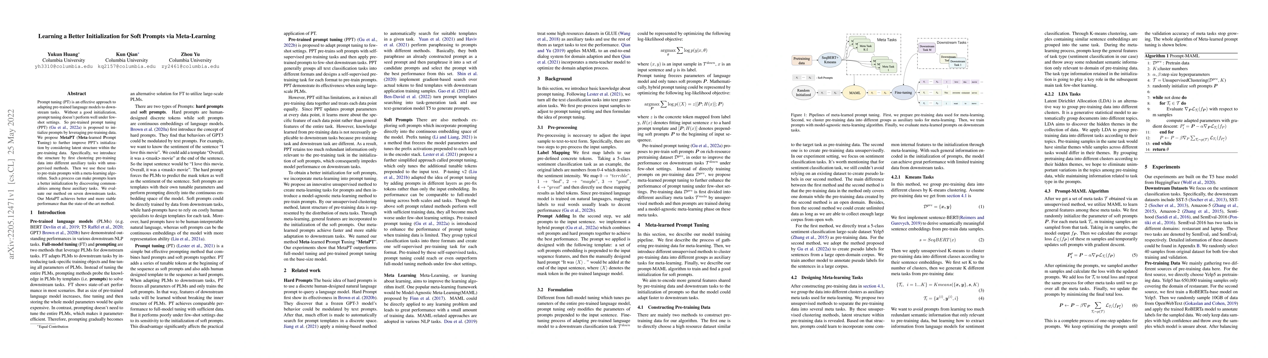 Thumbnail for Learning a Better Initialization for Soft Prompts via Meta-Learning