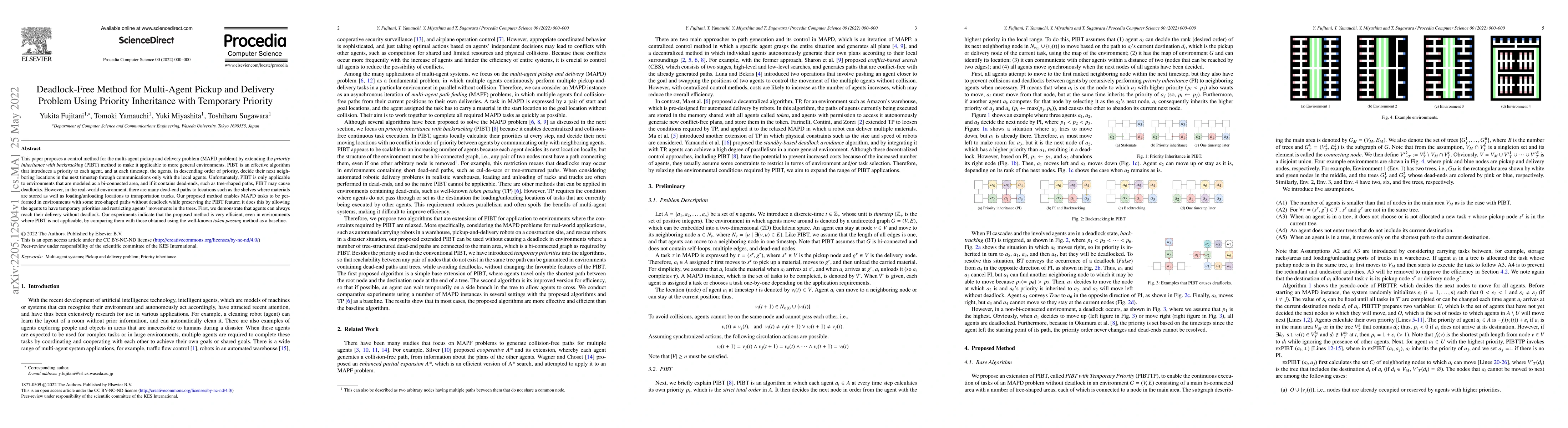 Thumbnail for Deadlock-Free Method for Multi-Agent Pickup and Delivery Problem Using
  Priority Inheritance with Temporary Priority