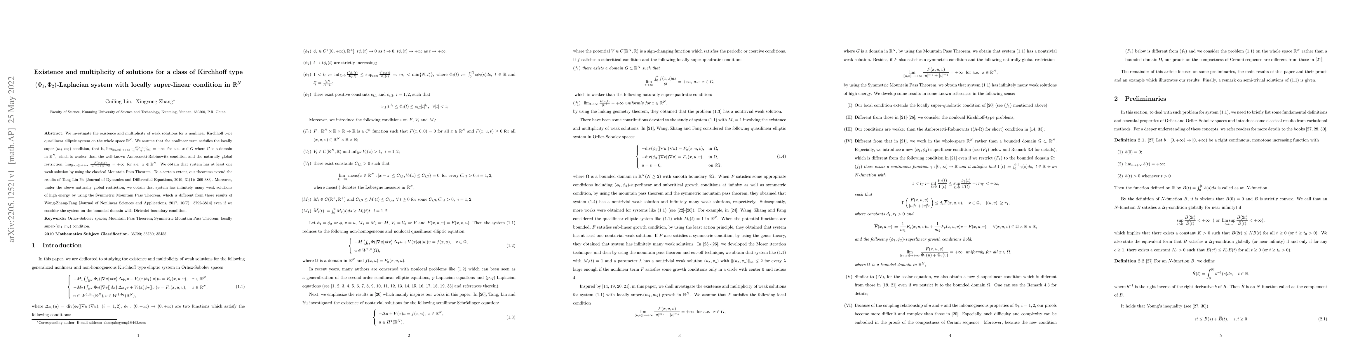 Thumbnail for Existence and multiplicity of solutions for a class of Kirchhoff type
  $(\Phi_1,\Phi_2)$-Laplacian system with locally super-linear condition in
  $\mathbb{R}^N$