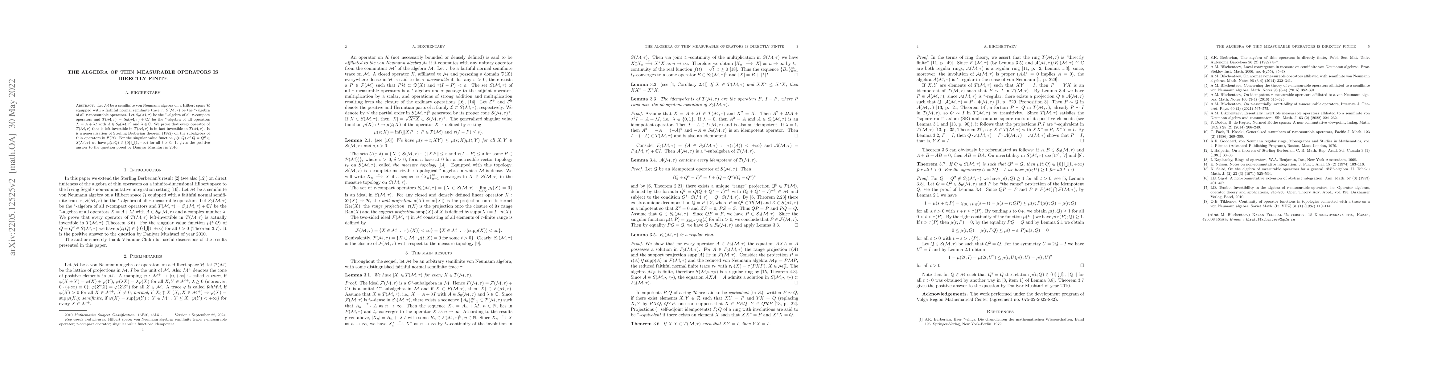 Thumbnail for The algebra of thin measurable operators is directly finite