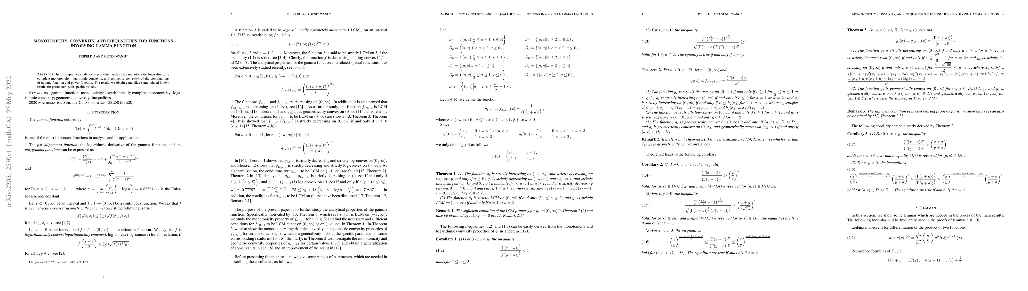 Thumbnail for Monotonicity, convexity, and inequalities for functions involving gamma
  function