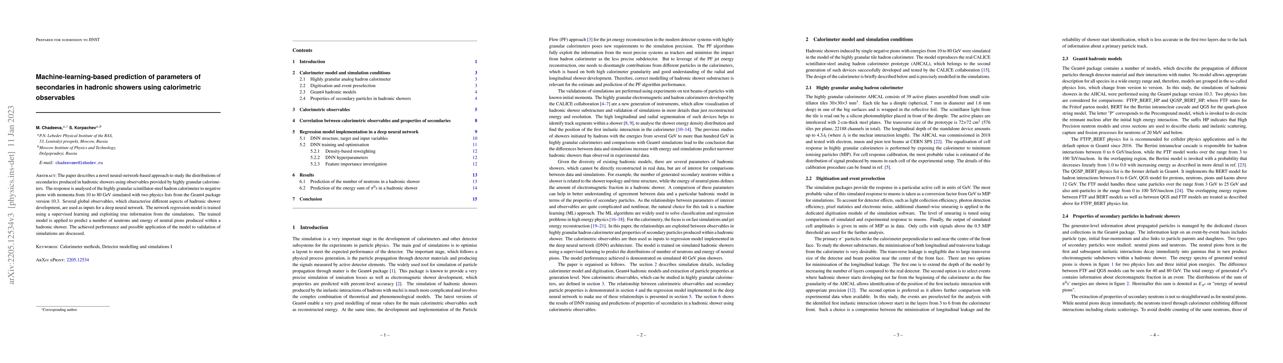 Thumbnail for Machine-learning-based prediction of parameters of secondaries in
  hadronic showers using calorimetric observables