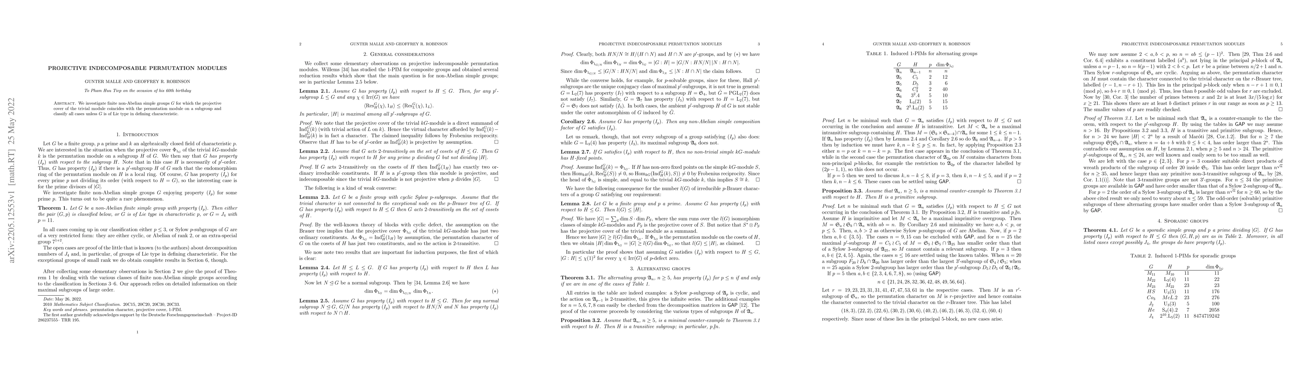 Thumbnail for Projective indecomposable permutation modules