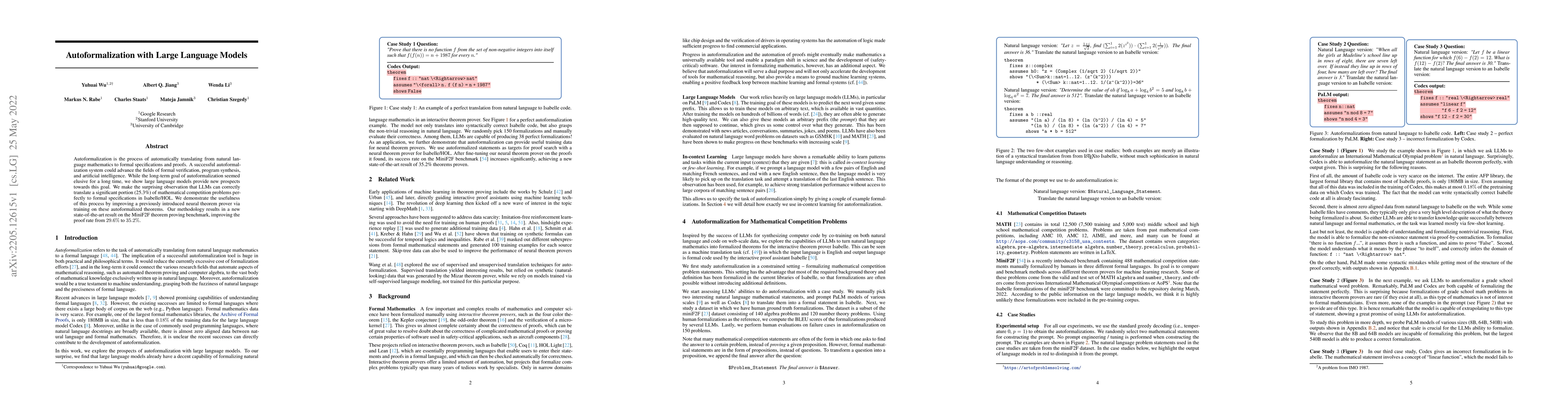 Thumbnail for Autoformalization with Large Language Models