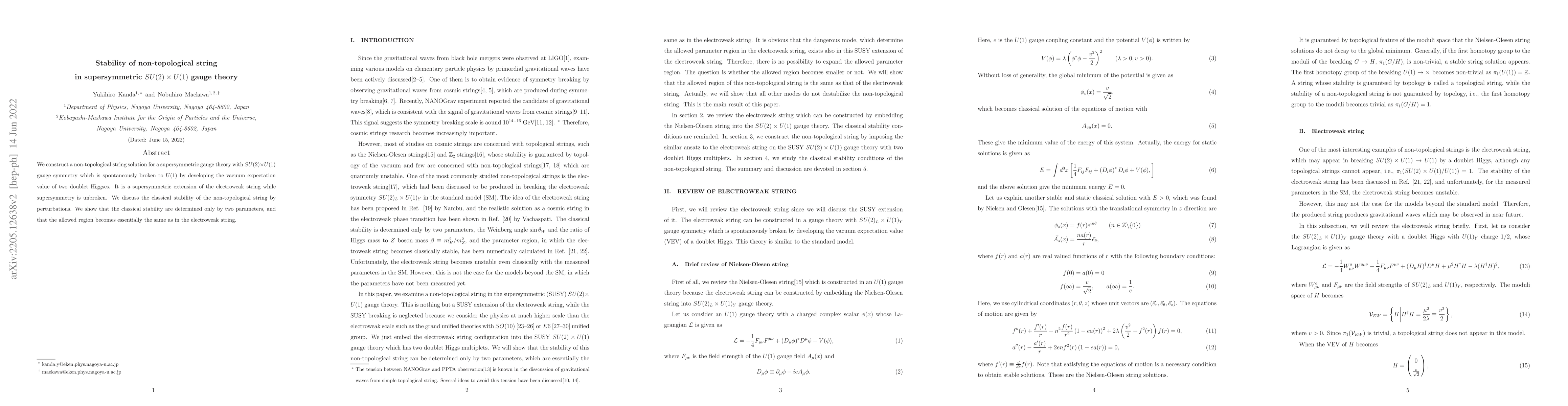 Thumbnail for Stability of non-topological string in supersymmetric $SU(2)\times U(1)$
  gauge theory