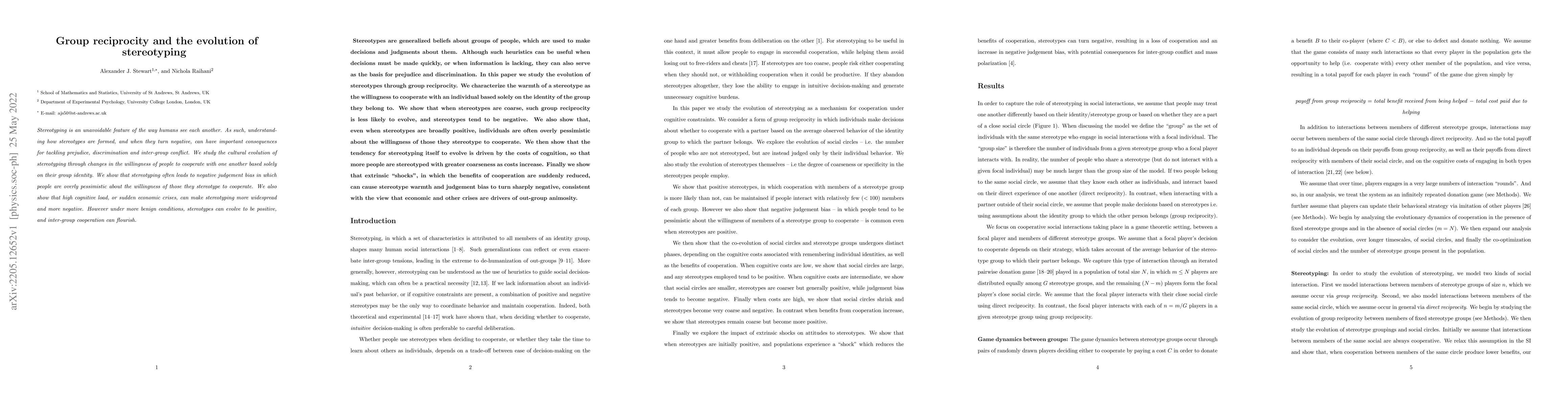 Thumbnail for Group reciprocity and the evolution of stereotyping