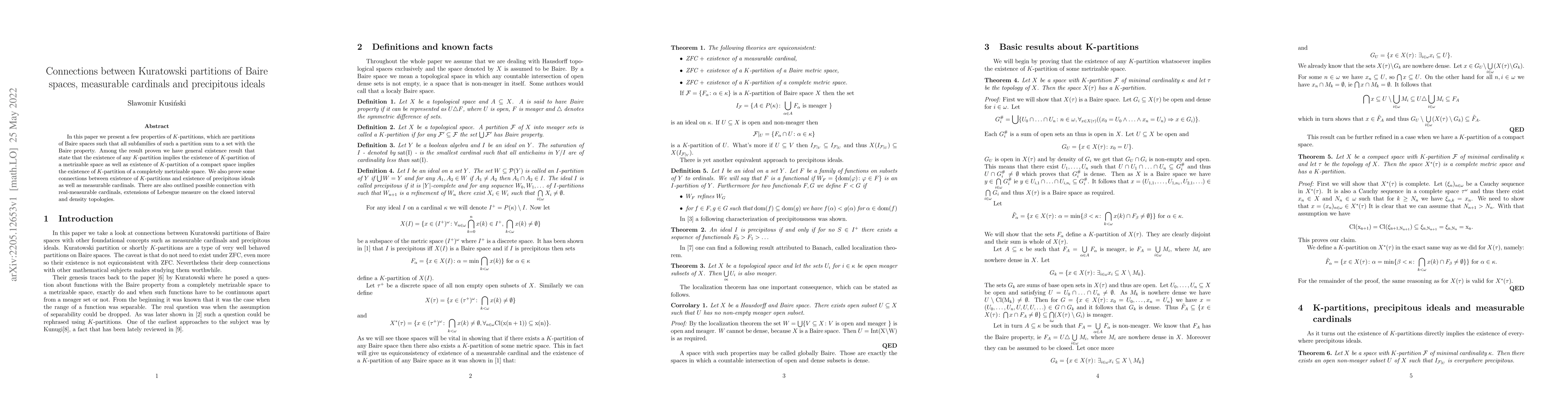 Thumbnail for Connections between Kuratowski partitions of Baire spaces, measurable
  cardinals and precipitous ideals