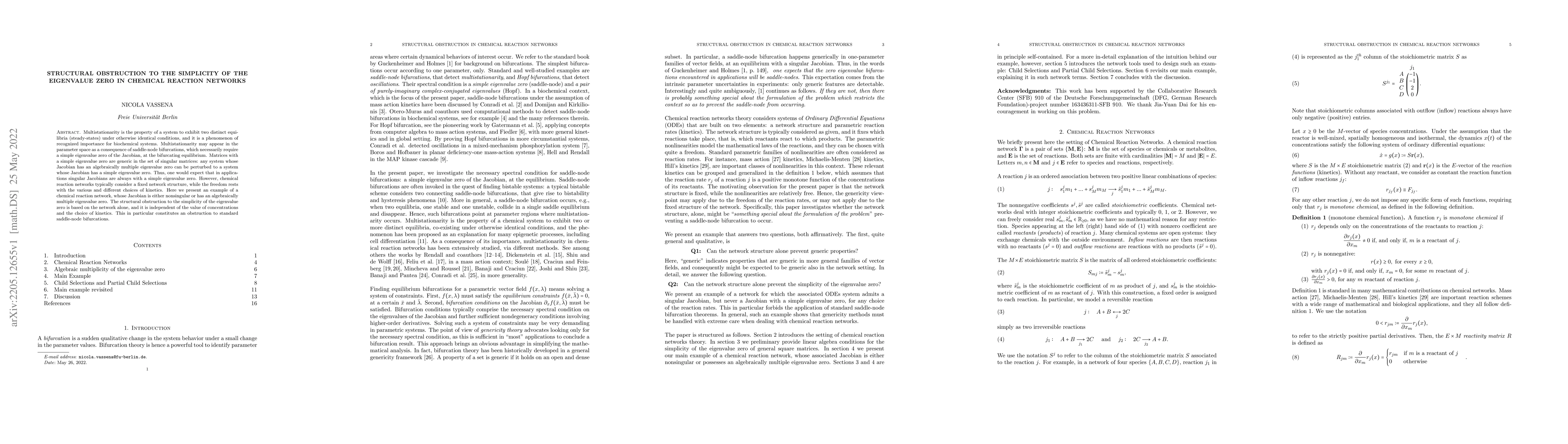 Thumbnail for Structural obstruction to the simplicity of the eigenvalue zero in
  chemical reaction networks