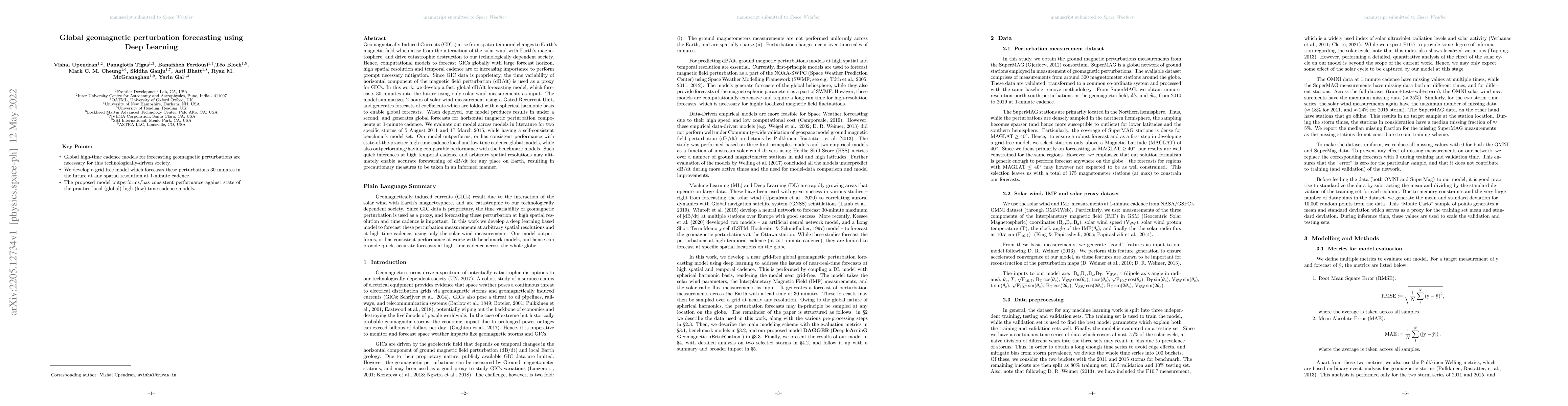 Thumbnail for Global geomagnetic perturbation forecasting using Deep Learning