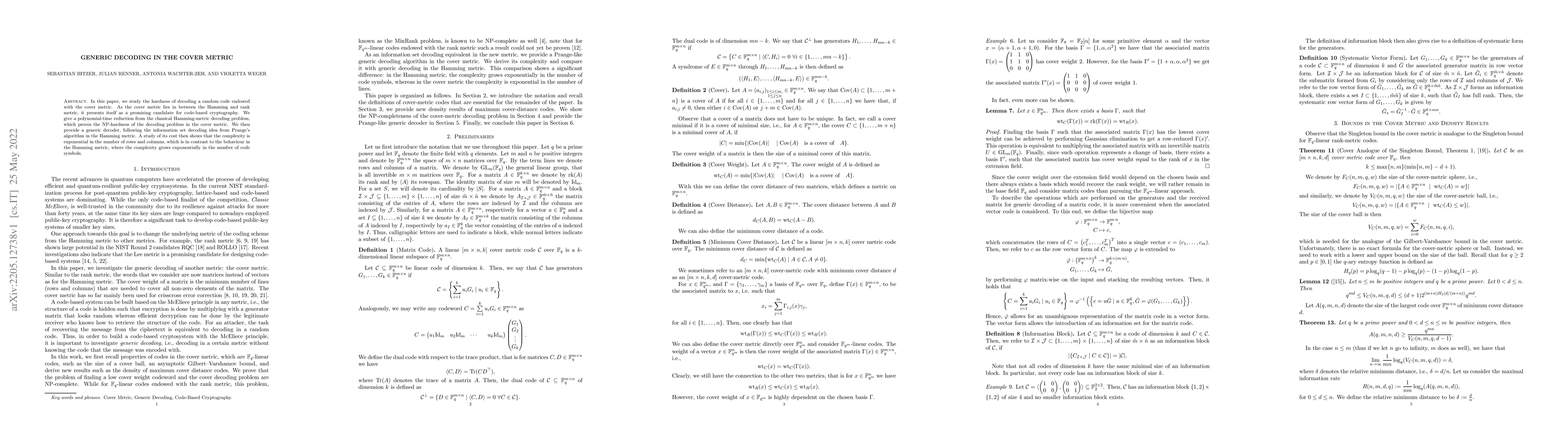 Thumbnail for Generic Decoding in the Cover Metric