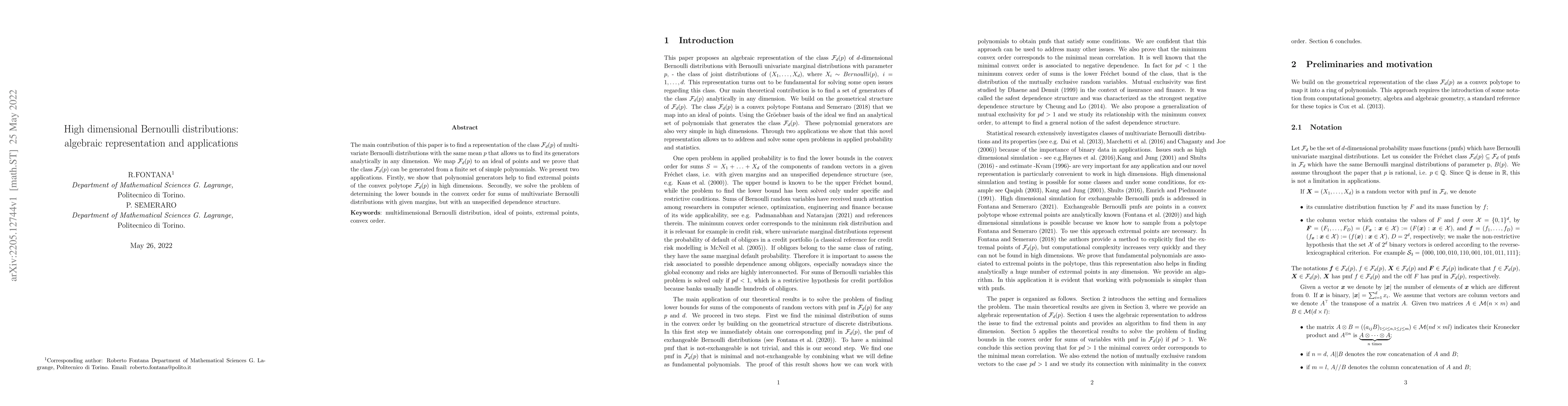 Thumbnail for High dimensional Bernoulli distributions: algebraic representation and
  applications