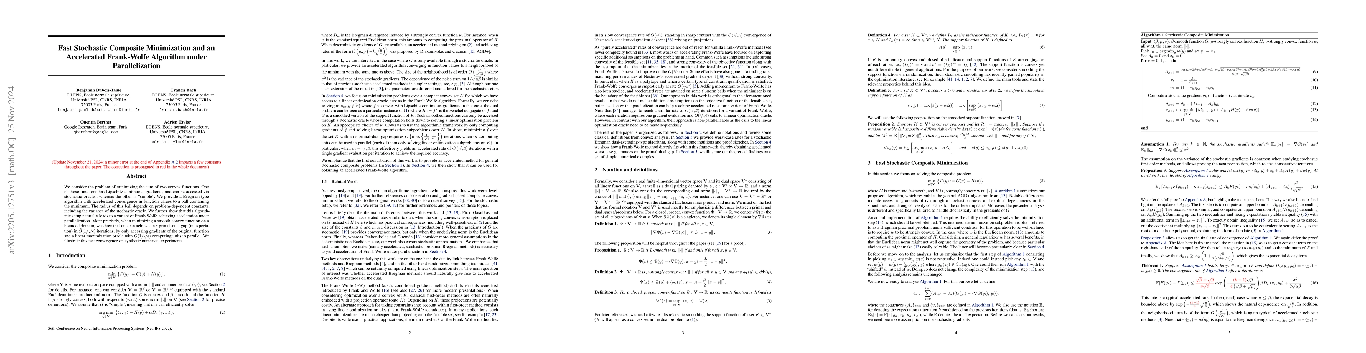 Thumbnail for Fast Stochastic Composite Minimization and an Accelerated Frank-Wolfe
  Algorithm under Parallelization