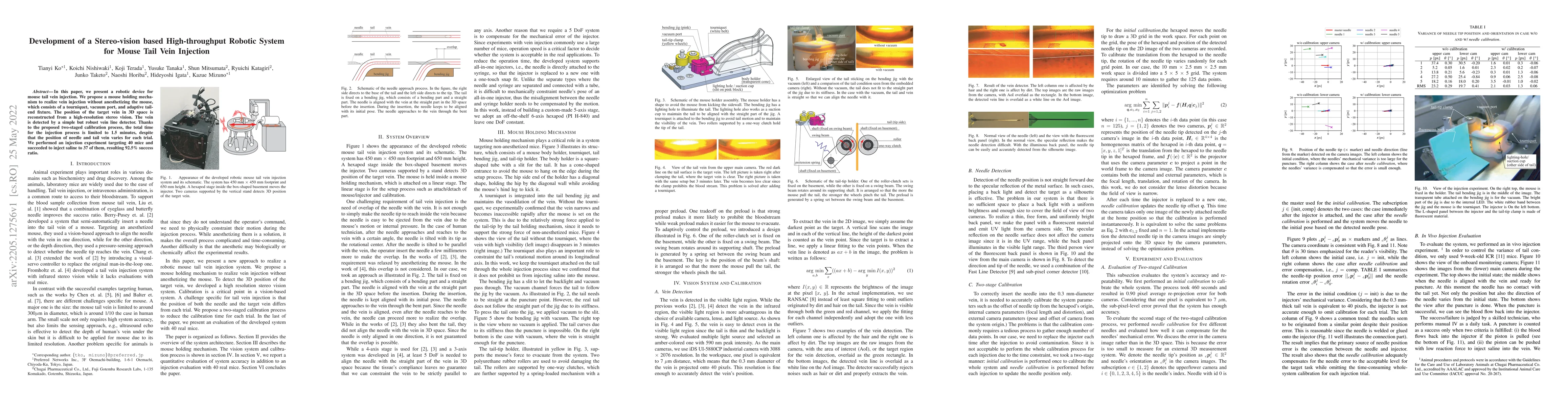Thumbnail for Development of a Stereo-Vision Based High-Throughput Robotic System for
  Mouse Tail Vein Injection