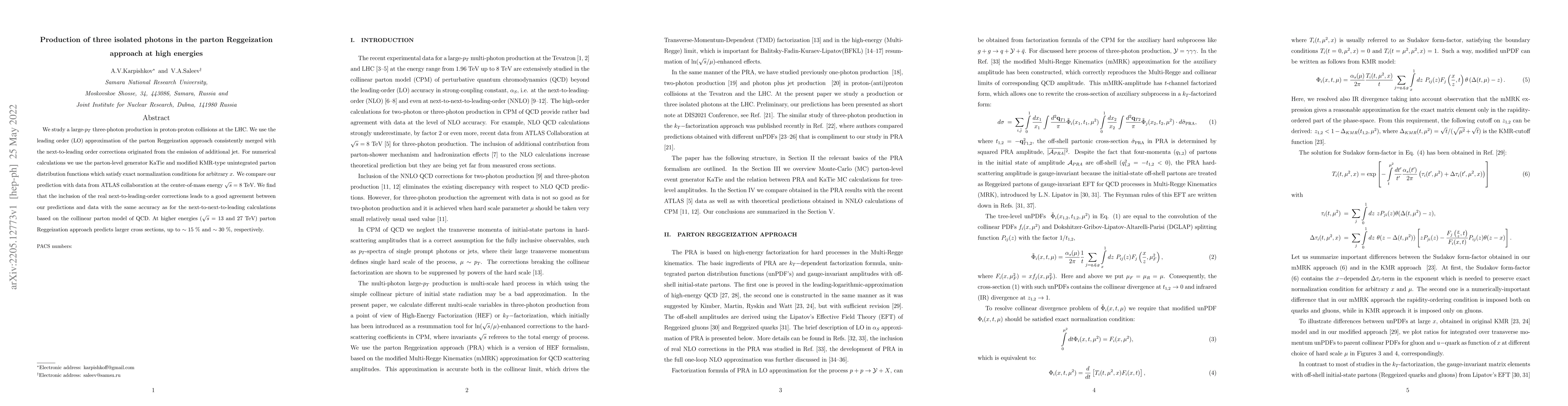 Thumbnail for Production of three isolated photons in the parton Reggeization approach
  at high energies