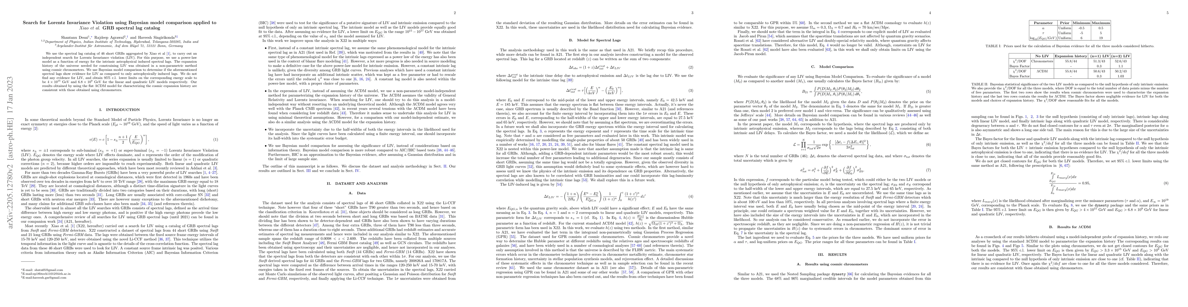 Thumbnail for Search for Lorentz Invariance Violation using Bayesian model comparison
  applied to Xiao et al. GRB spectral lag catalog