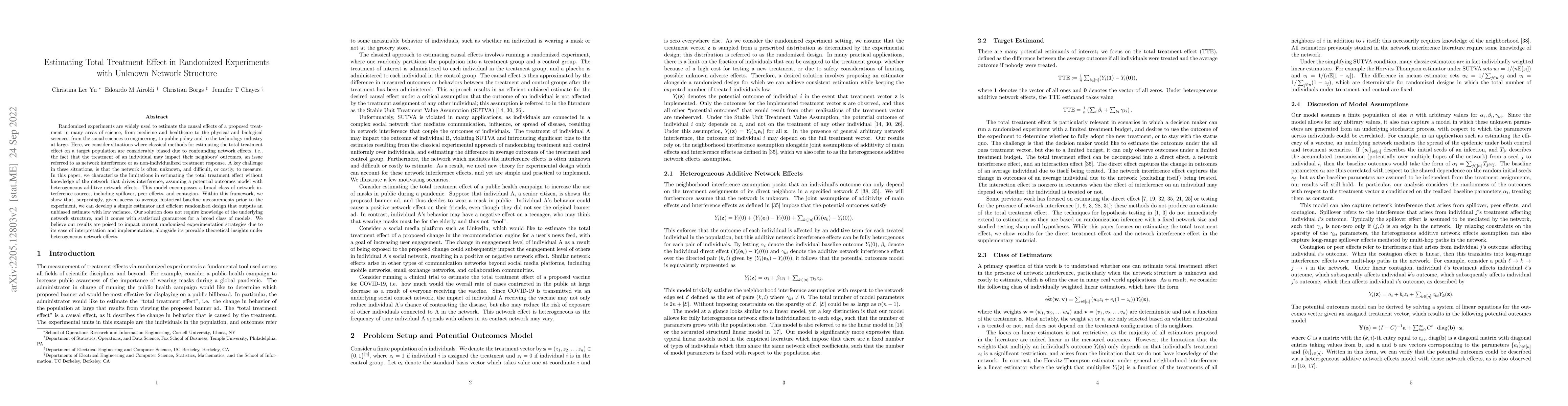 Thumbnail for Estimating Total Treatment Effect in Randomized Experiments with Unknown
  Network Structure