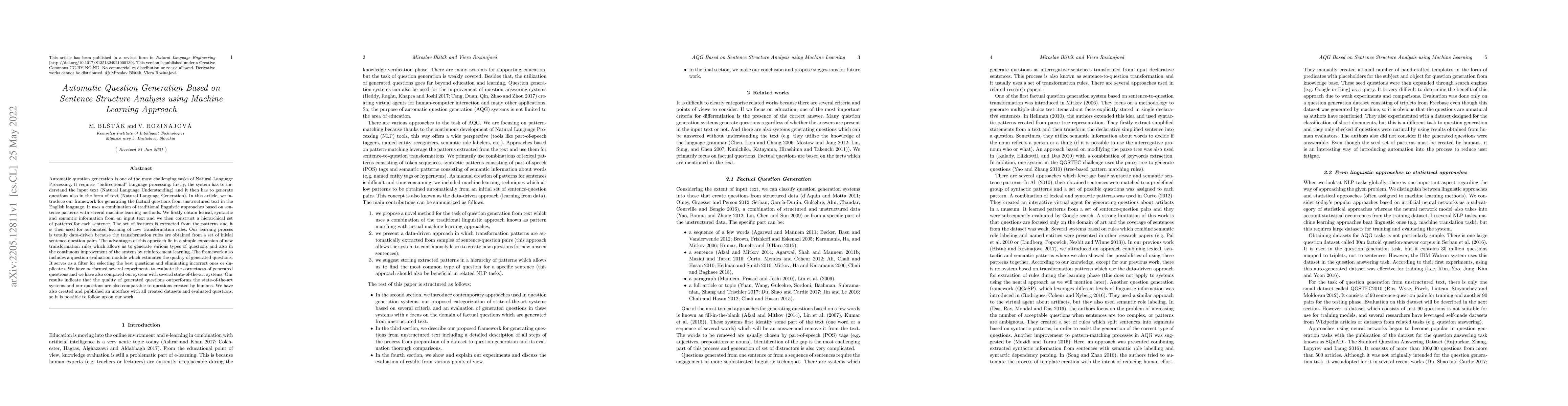 Thumbnail for Automatic question generation based on sentence structure analysis using
  machine learning approach