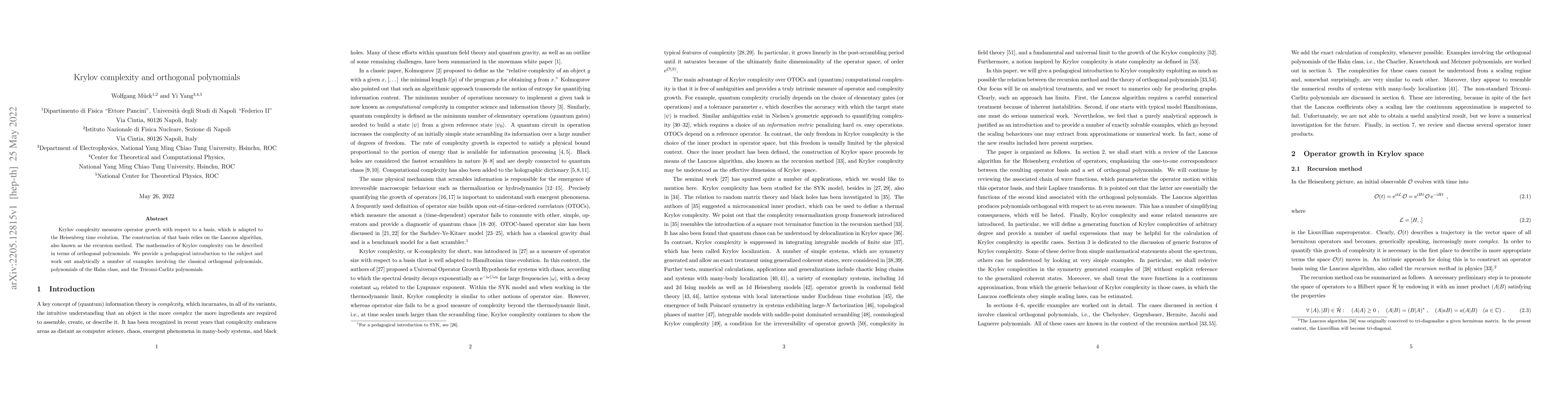 Thumbnail for Krylov complexity and orthogonal polynomials