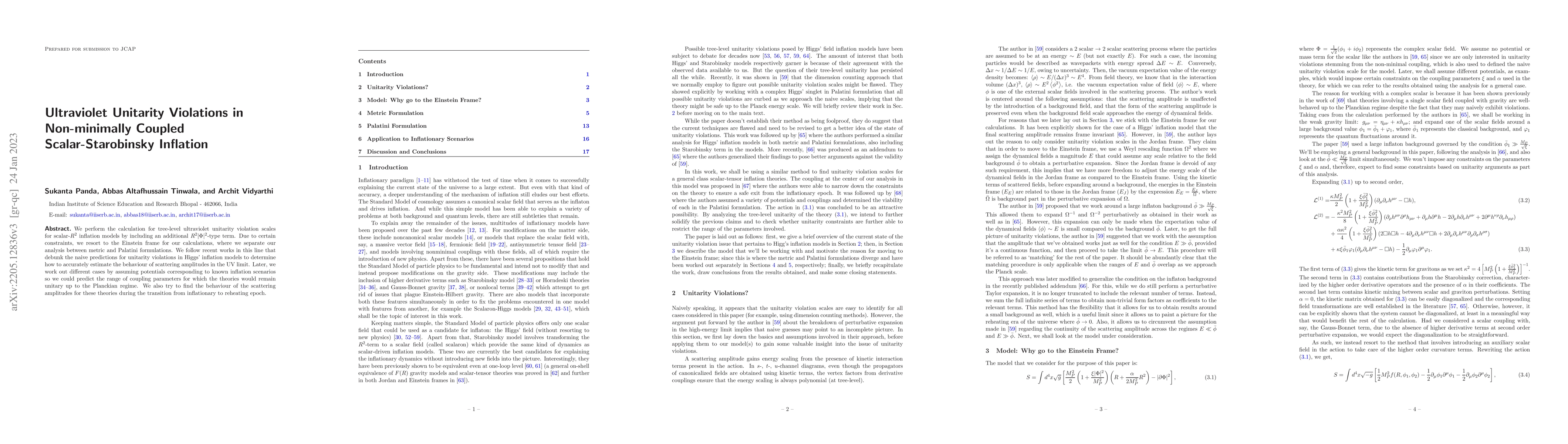 Thumbnail for Ultraviolet Unitarity Violations in Non-minimally Coupled
  Scalar-Starobinsky Inflation
