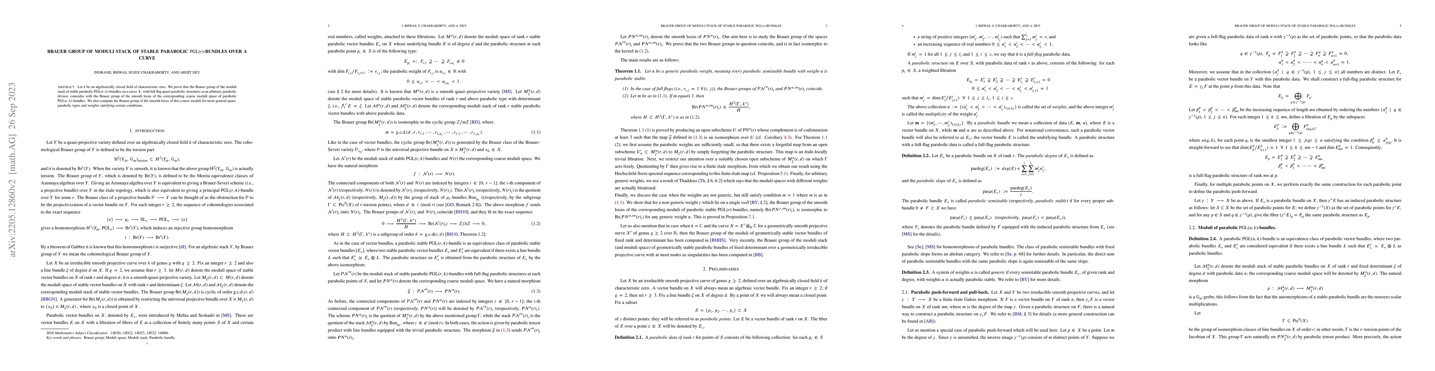 Thumbnail for Brauer group of moduli stack of stable parabolic
  $\textnormal{PGL}(r)$-bundles over a curve