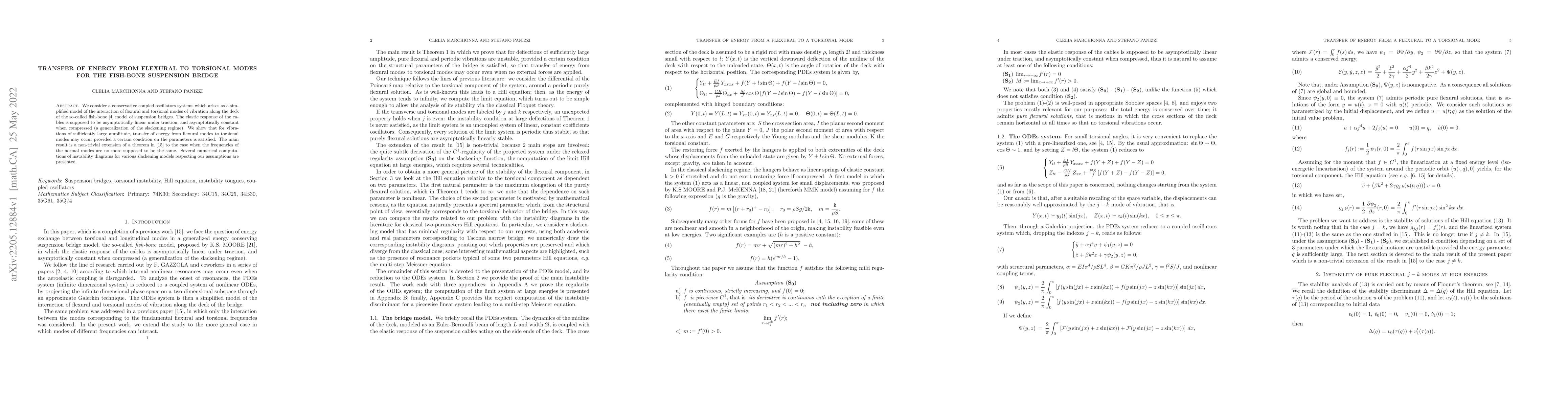 Thumbnail for Transfer of energy from flexural to torsional modes for the Fish-bone
  Suspension bridge