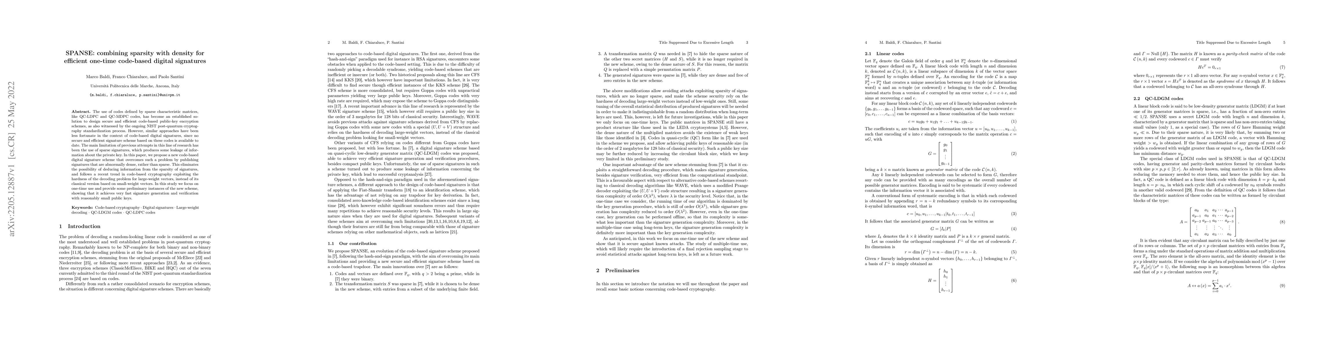 Thumbnail for SPANSE: combining sparsity with density for efficient one-time
  code-based digital signatures