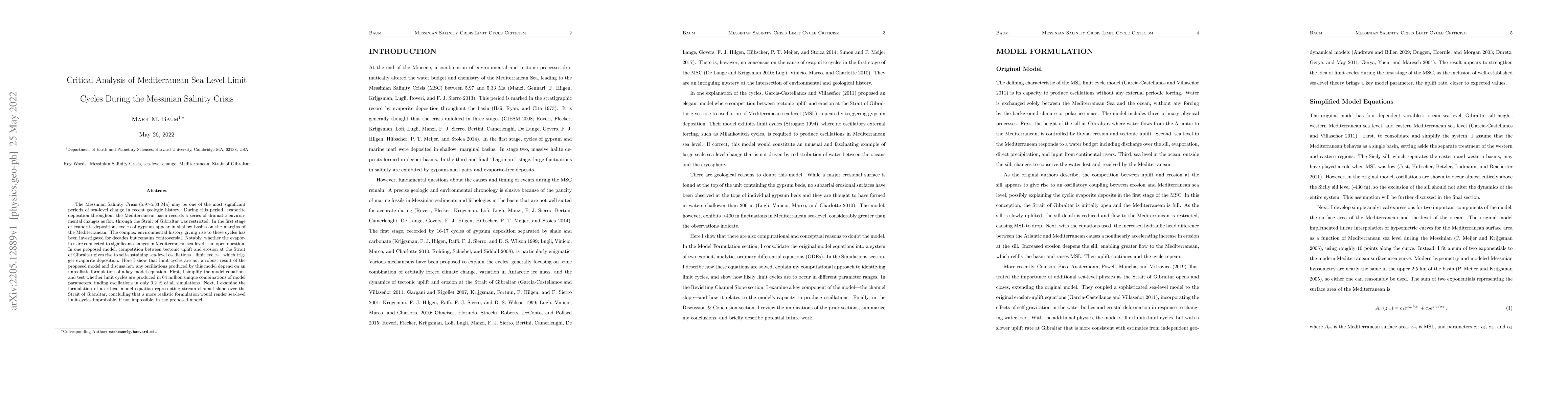Thumbnail for Critical Analysis of Mediterranean Sea Level Limit Cycles During the
  Messinian Salinity Crisis