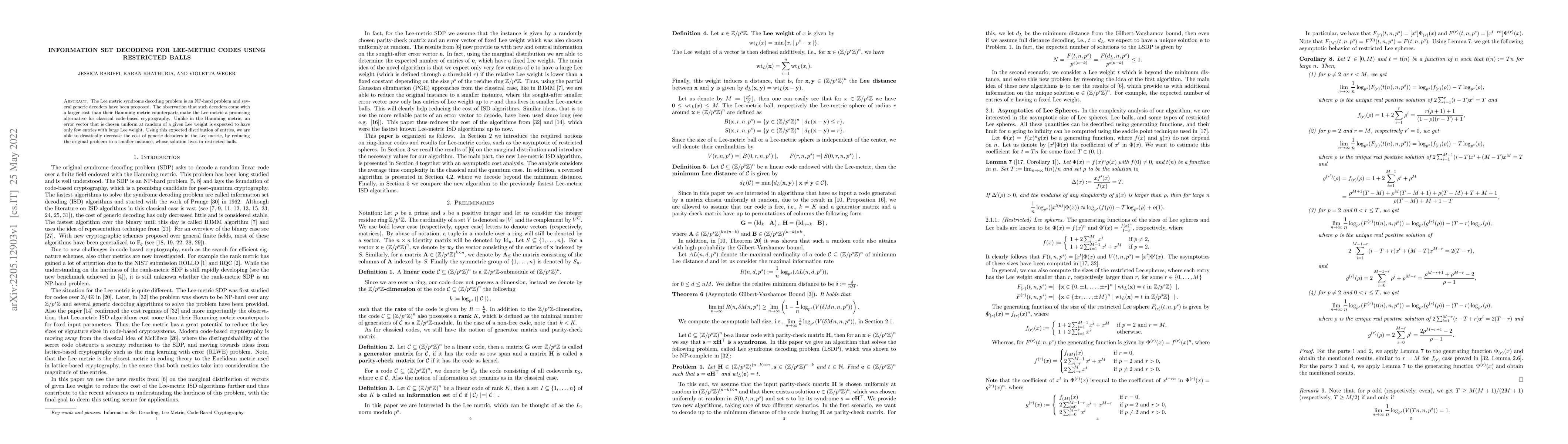 Thumbnail for Information Set Decoding for Lee-Metric Codes using Restricted Balls