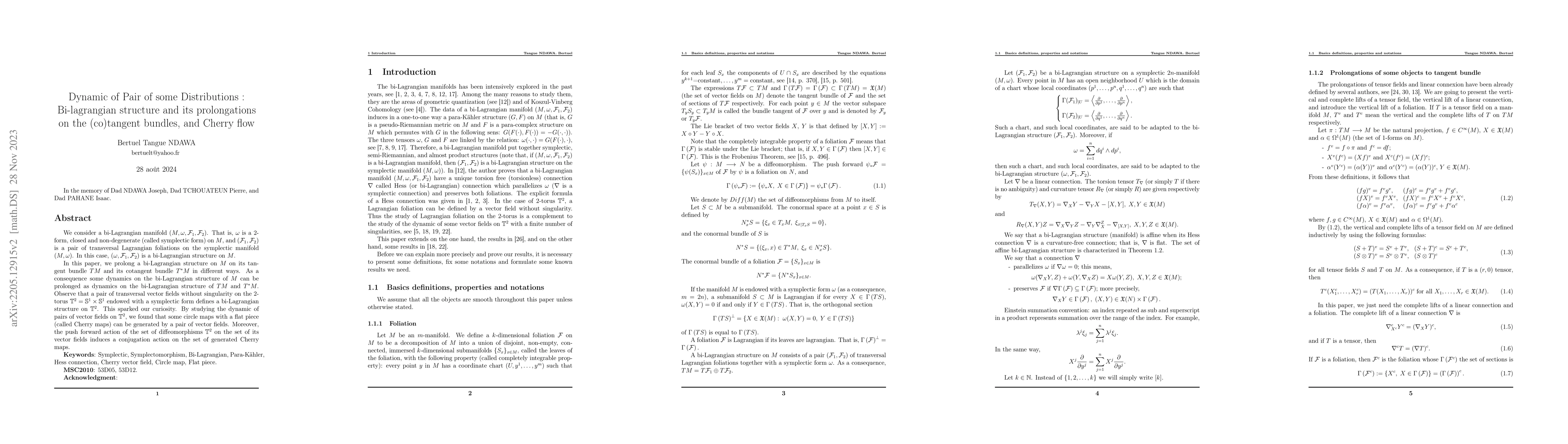 Thumbnail for Dynamic of Pair of some Distributions: Bi-lagrangian structure and its
  prolongations on the (co)tangent bundles, and Cherry flow