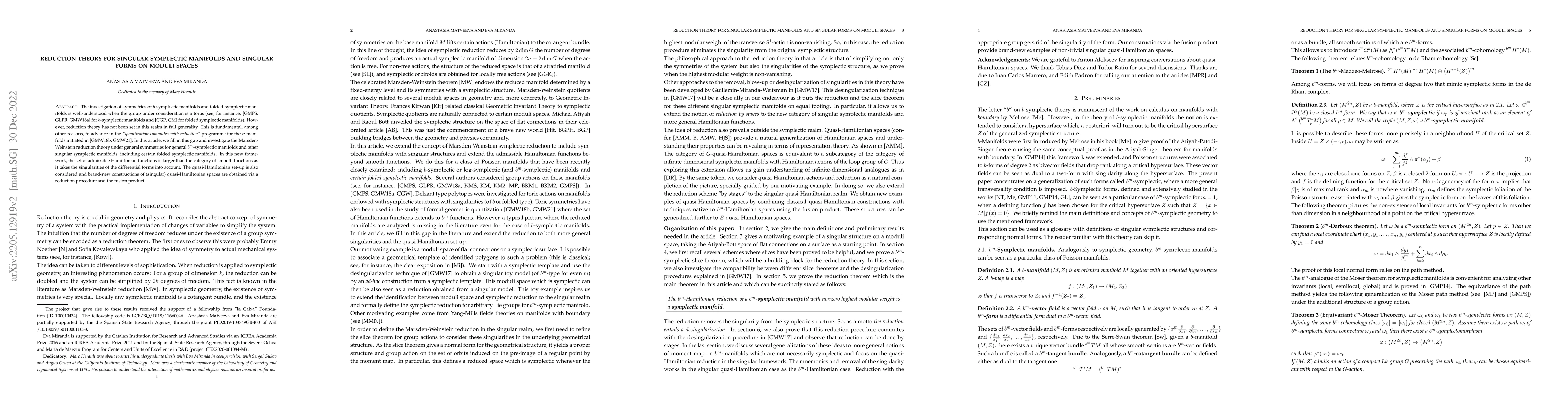 Thumbnail for Reduction theory for singular symplectic manifolds and singular forms on
  moduli spaces