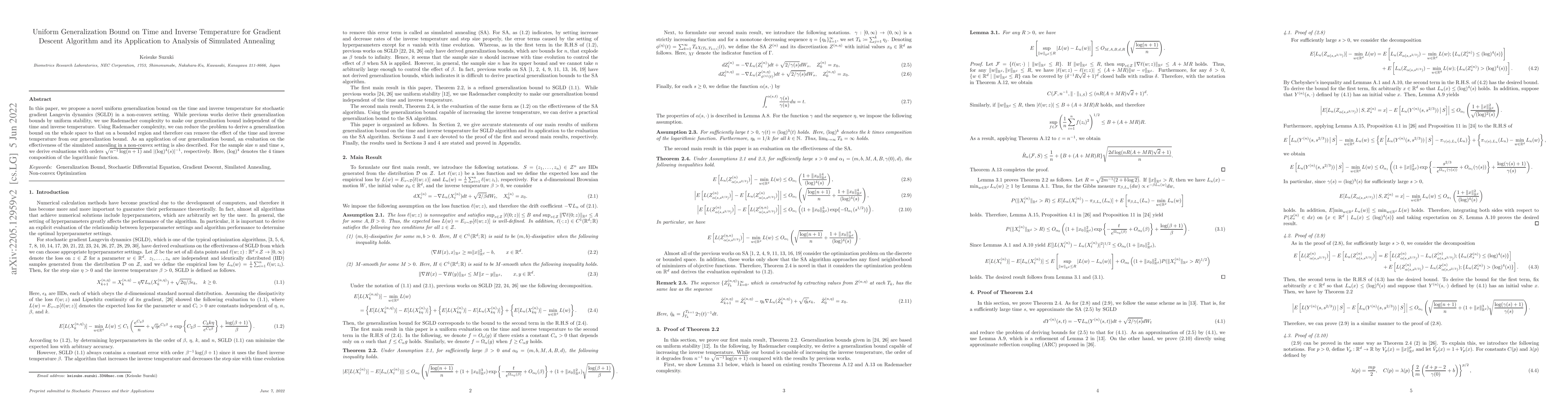 Thumbnail for Uniform Generalization Bound on Time and Inverse Temperature for
  Gradient Descent Algorithm and its Application to Analysis of Simulated
  Annealing