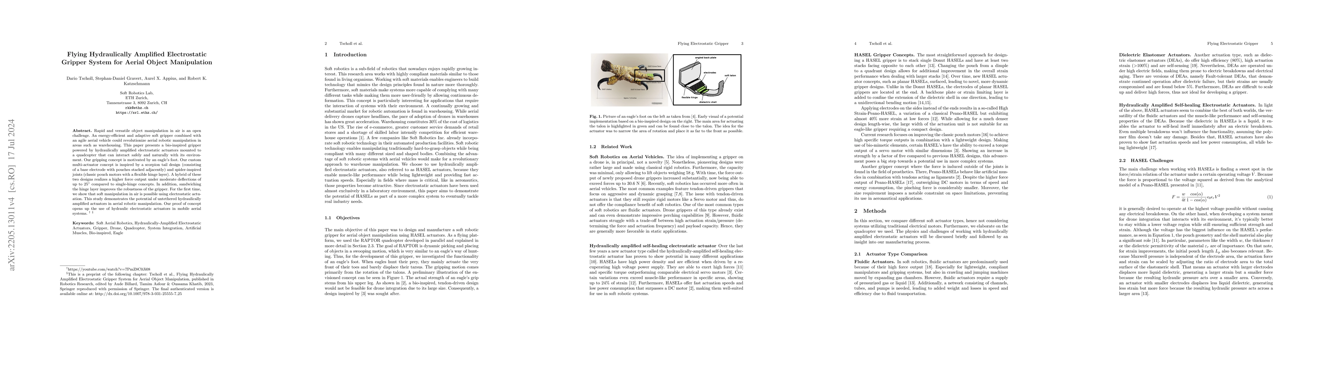 Thumbnail for Flying Hydraulically Amplified Electrostatic Gripper System for Aerial
  Object Manipulation