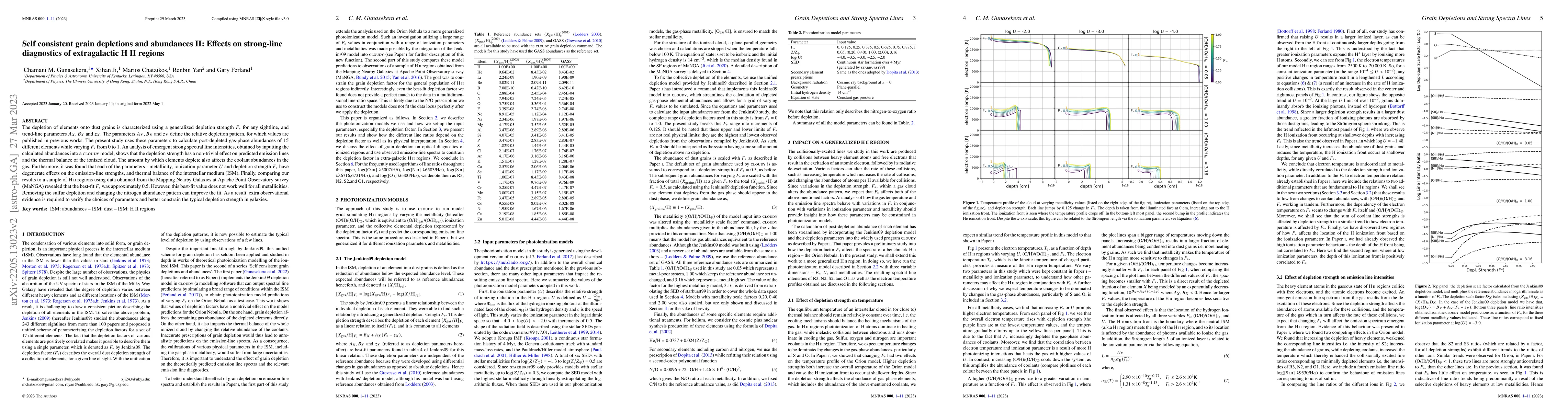 Thumbnail for Self-Consistent Grain Depletions and Abundances II: Effects on
  strong-line diagnostics of extragalactic H II regions