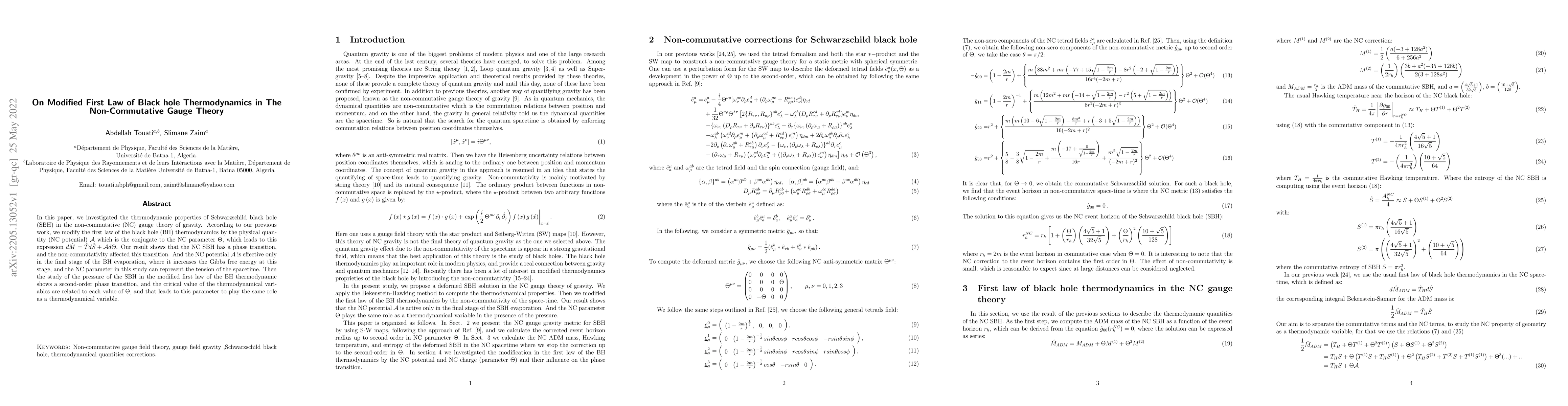 Thumbnail for On Modified First Law of Black hole Thermodynamics in The
  Non-Commutative Gauge Theory