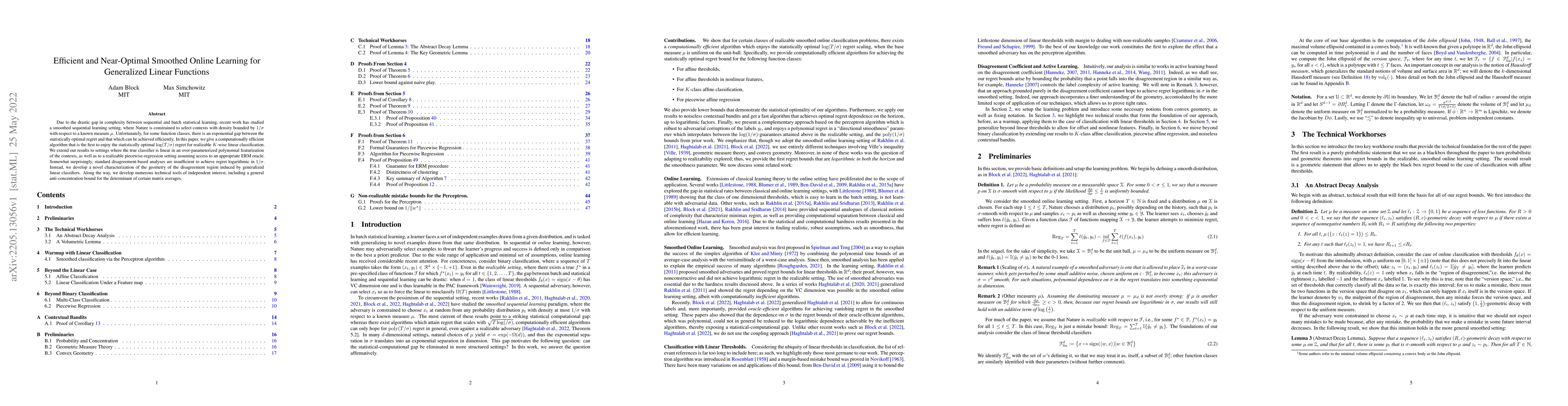 Thumbnail for Efficient and Near-Optimal Smoothed Online Learning for Generalized
  Linear Functions