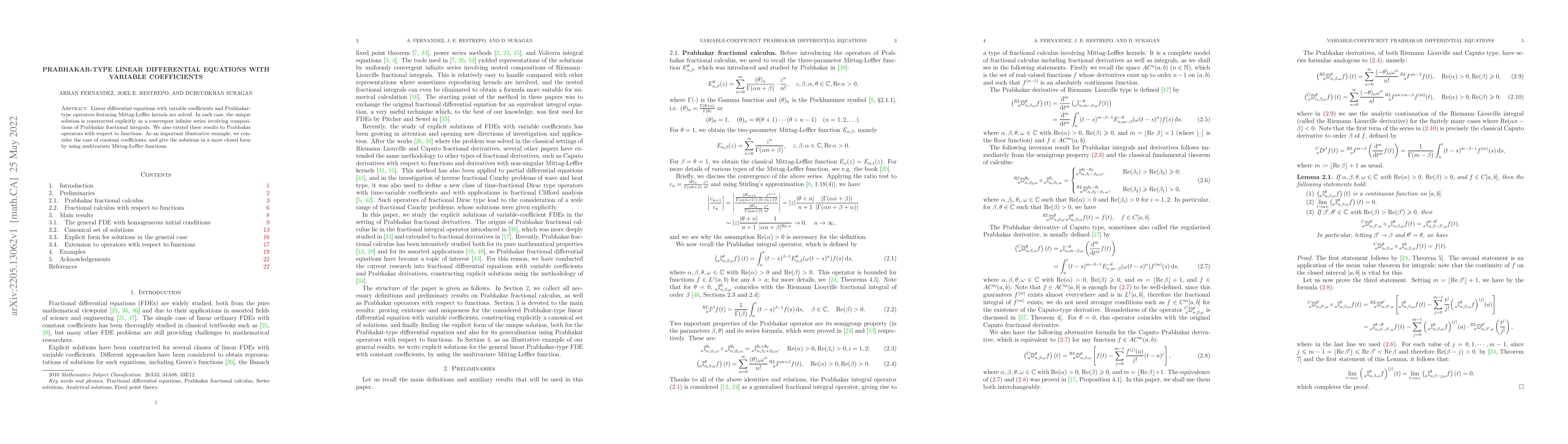Thumbnail for Prabhakar-type linear differential equations with variable coefficients